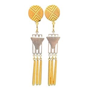 Marcy Feld Vintage Art Deco Mixed Metal Geometric Clip On Dangle Earrings 80s‎